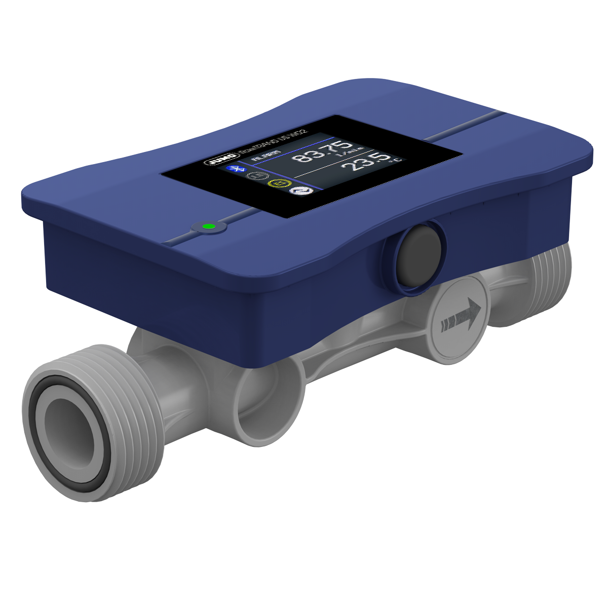 JUMO flowTRANS US W02 Ultrasonic flowmeter DN 15 (1/2 in.) JUMO flowTRANS US W02 Ultraschall-Durchflussmessgerät Frontansicht mit Display