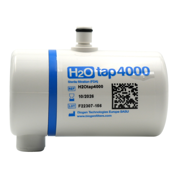 H2Otap4000 antibacterial terminal water filter for taps H2Otap4000 antibakterieller Wasserfilter, Frontansicht des Filters, antibakterielles Gehäuse, Wasserhahnfilter, Sterilfilter