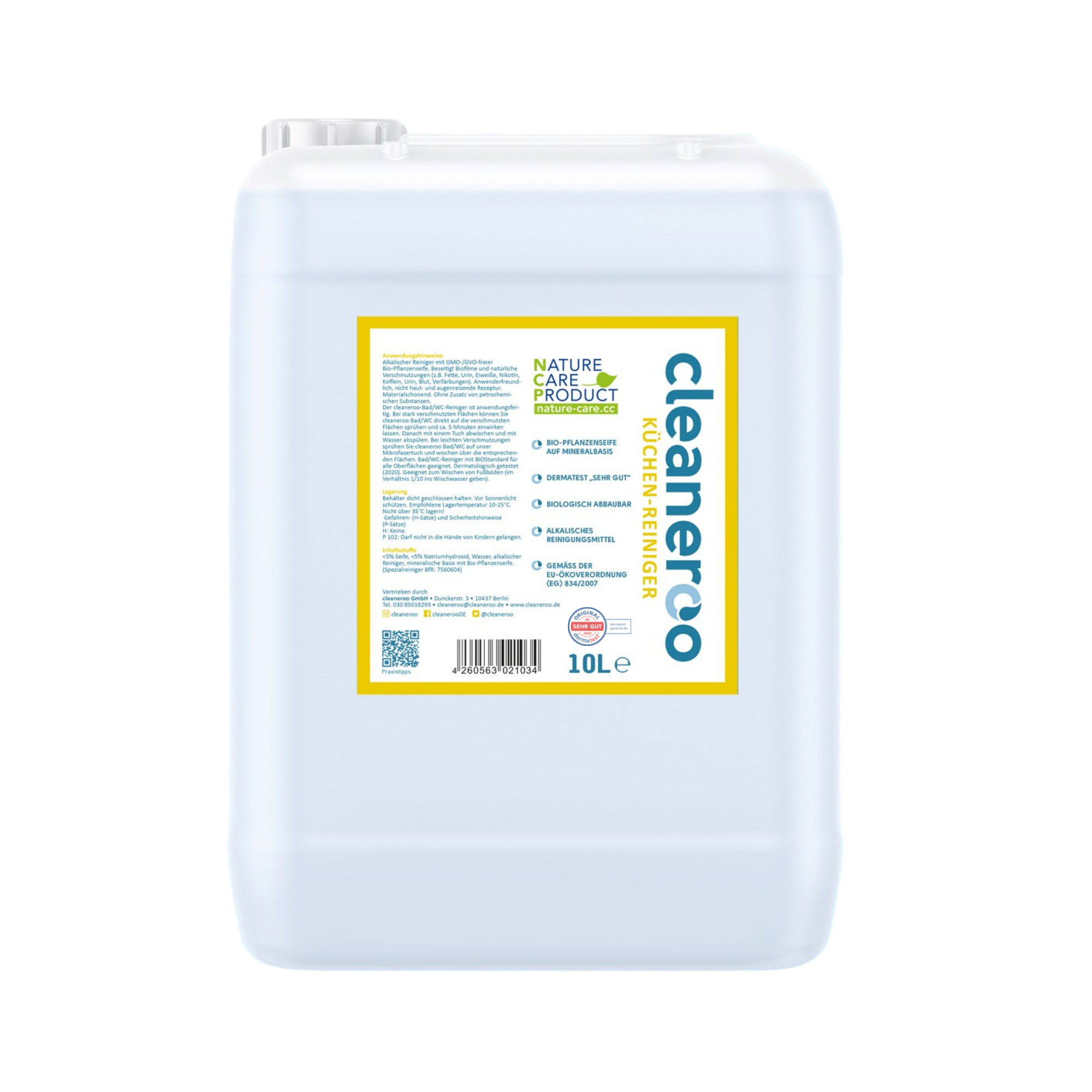 cleaneroo kitchen cleaner (yellow) cleaneroo Küchenreiniger (gelb), Etikett gut lesbar, Anwendungshinweis sichtbar, veganer Küchenreiniger, 10 Liter Kanister