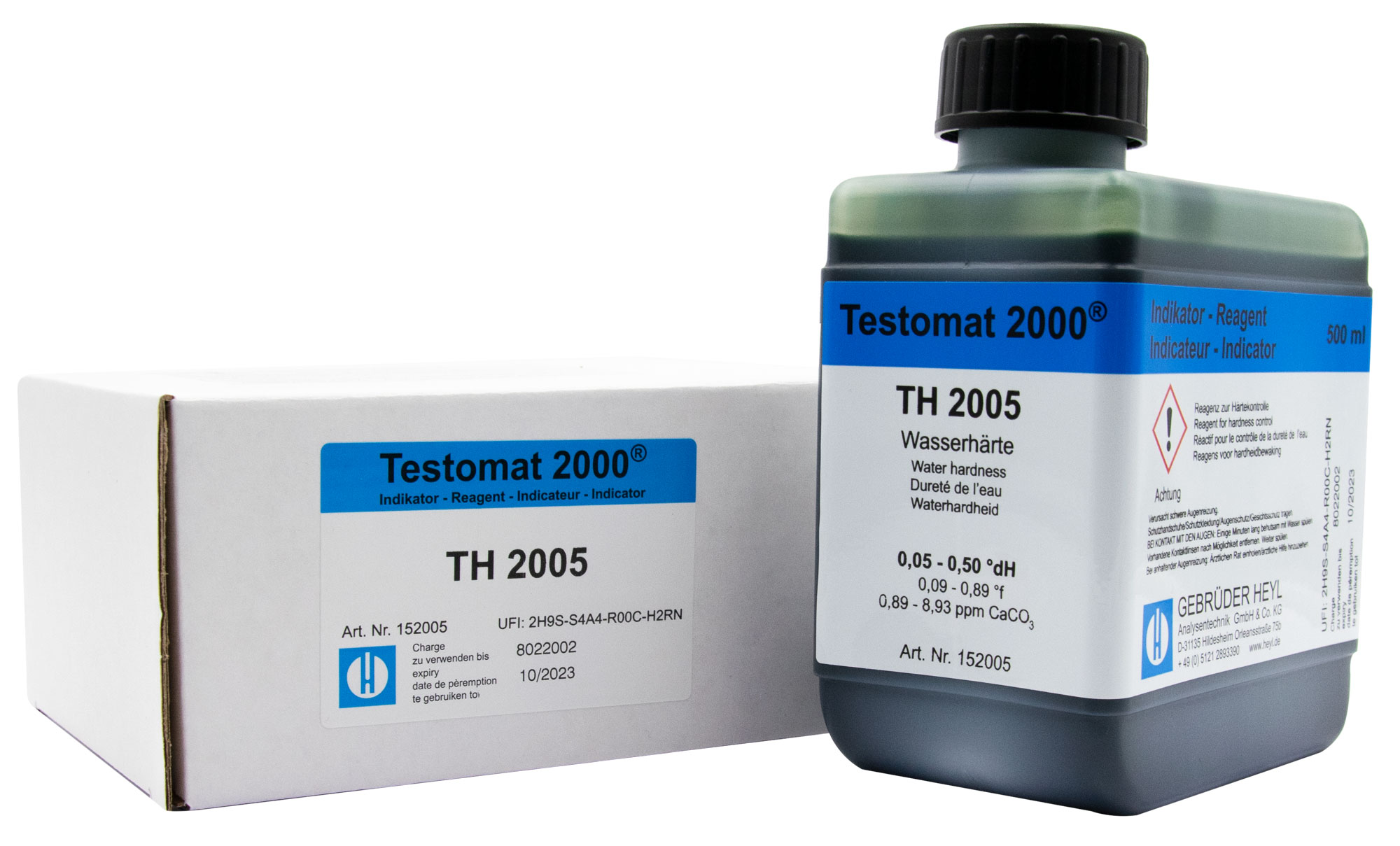 Testomat® indicator TH 2005, 500ml Testomat® Indikator TH2005 500ml, Flasche mit Produktetikett und Messbereich 0,05–0,50 °dH, Wasserqualitätstest