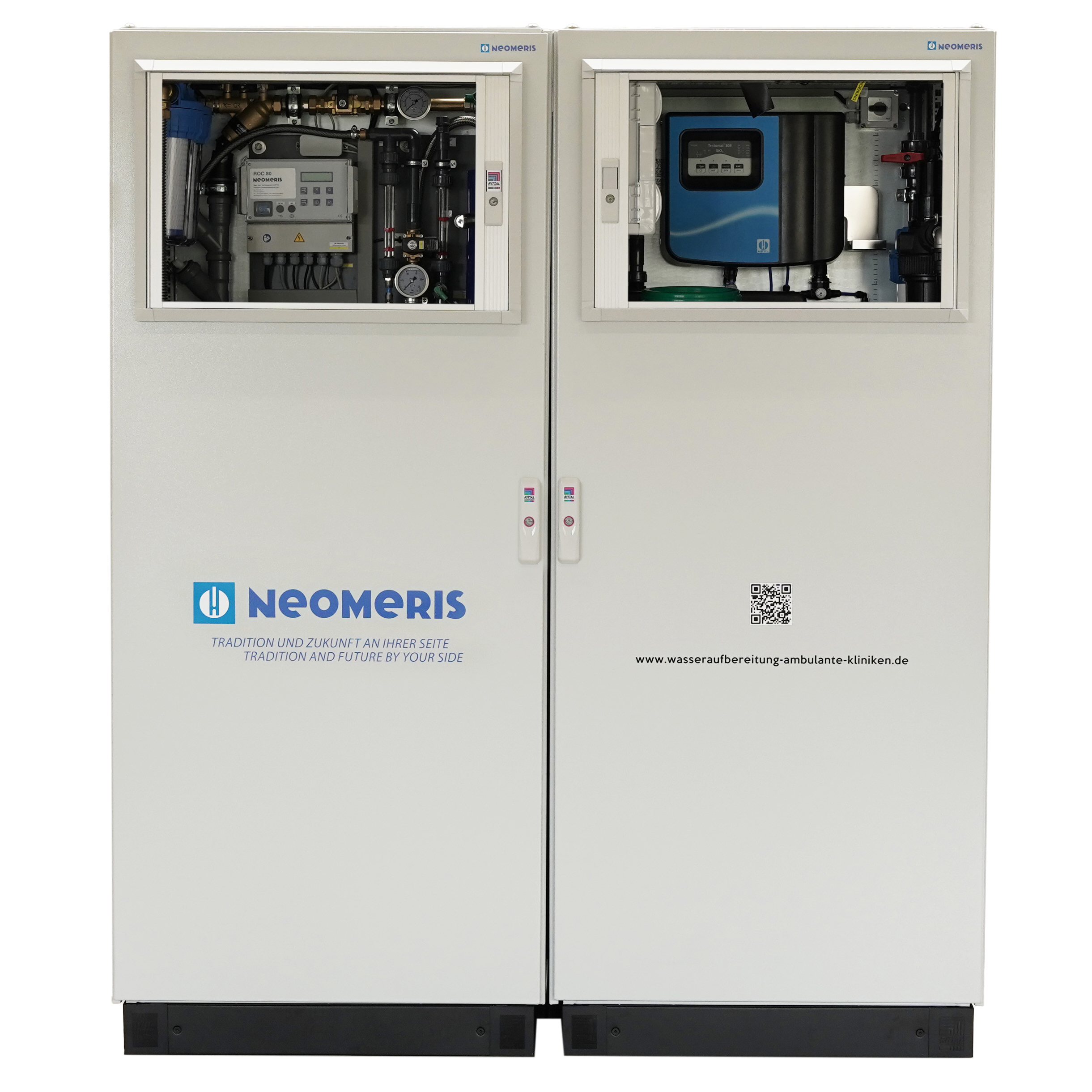 NeoDeWa water treatment plant for outpatient clinics, incl. lifting system, UV system, pyrogen filter, Aqua-Stop, collection trays, viewing window and NeoTecMaster Wasseraufbereitungsanlage Schrank, zwei weiße Schranktüren, Neomeris Branding VE-Anlage geschlossen, Doppel-Modul in Rittal-Schrank, Platzsparendes Design Schrankgehäuse, Frontansicht modulare Aufbereitungsanlage, schlicht ,