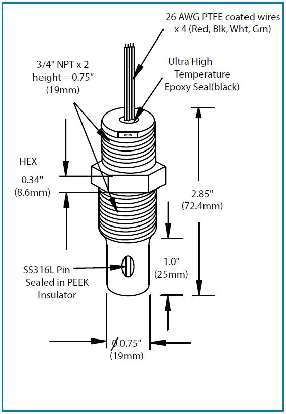 Technische Zeichnung des Select Edelstahl Leitfähigkeitssensors 252°C (max. 41 bar), Maßzeichnung mit Abmessungen