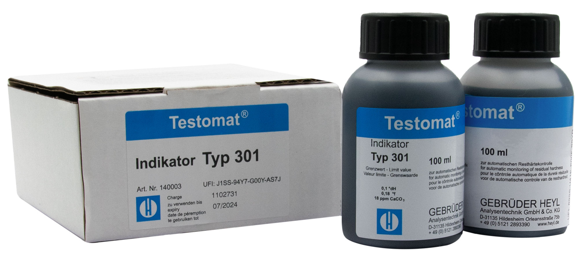 Testomat® 808 indicator 301 2 x 100 ml Testomat 808 Indikator 301, zwei 100-ml-Flaschen mit dazugehörigen Verpackung Ansicht, Analysegerät-Zubehör