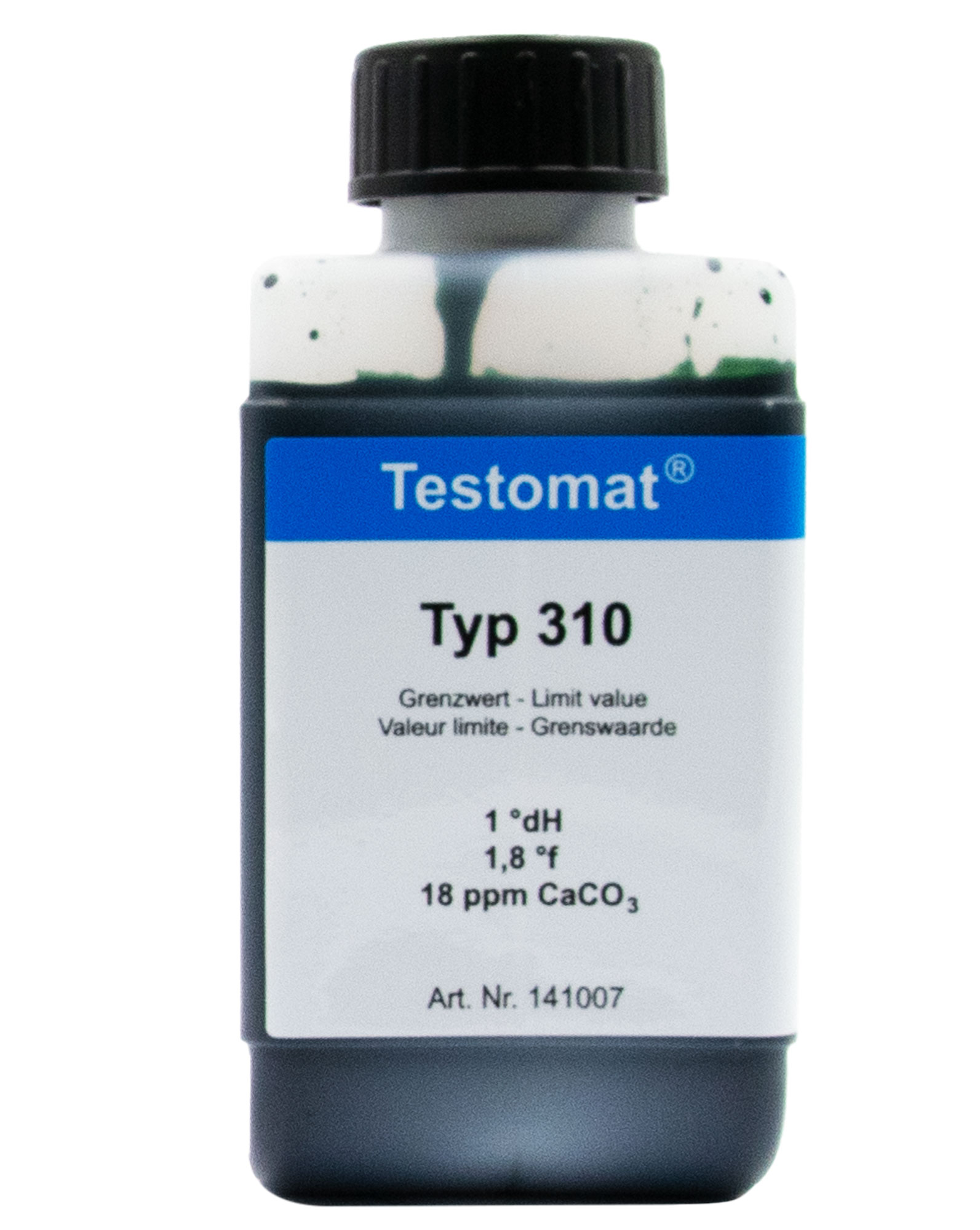 Testomat® 808 Indicator 310, front view of the 500 ml bottle, water hardness analysis