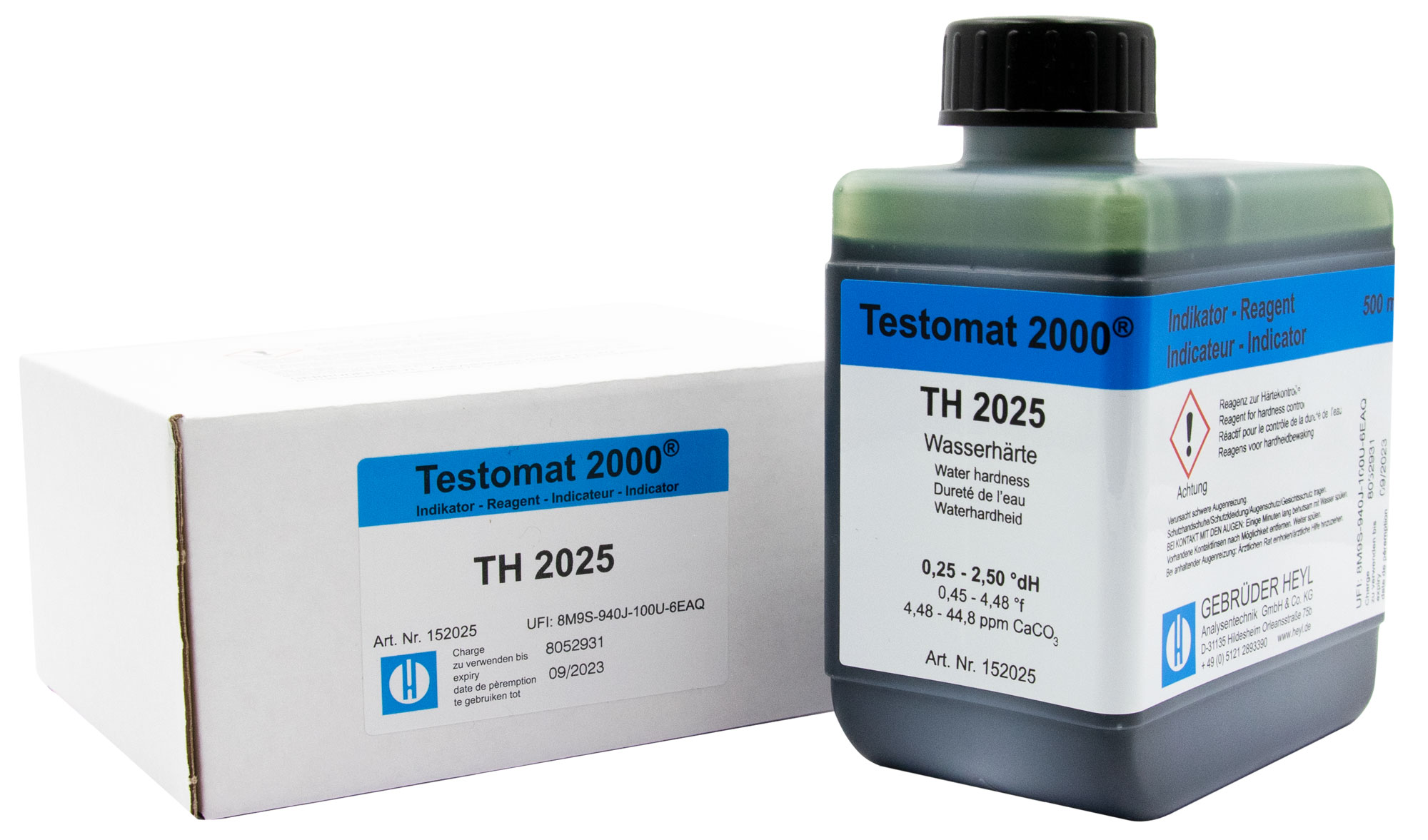 Testomat® indicator TH 2025 500ml Testomat Indikator TH2025 500ml Frontansicht mit weißem Etikett, 500 ml Flasche zur Messung der Resthärte im Wasser
