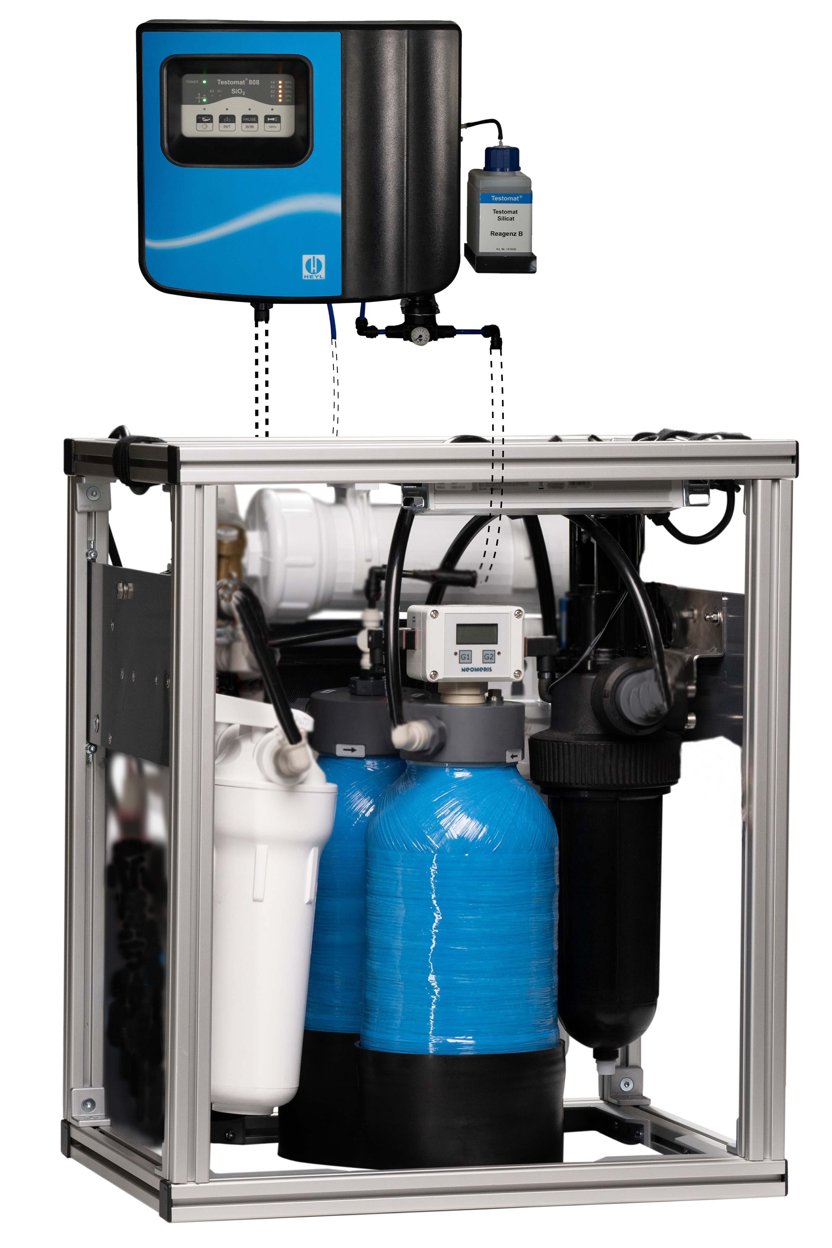 NeoPureMini Multi-stage diluate under-sink system mounted on a frame ready for connection NeoPureMini Multi-stage diluate under-sink system mounted on a frame ready for connection