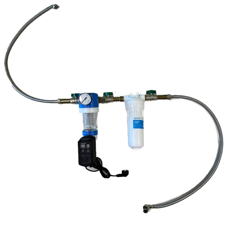 Pre-filter stage standard version for NeoPureMini under-sink system Die Vorfilterstufe Standardausfuehrung für Untertischanlage ist eine Filtereinheit, die aus einem Vorfilter mit Rückspülung und einem Aktivkohlefilter besteht. Rückspülintervall ist programmierbar