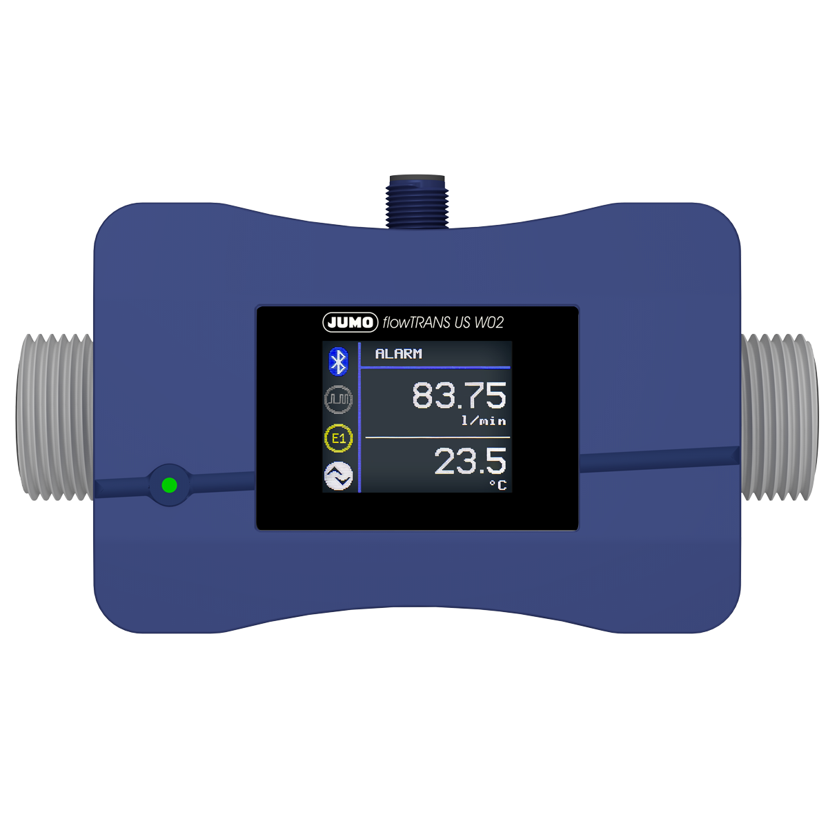 JUMO flowTRANS US W02 Draufsicht Gehäuse und Bedienfeld mit Anschluessen, Ultraschall-Durchflussmesser