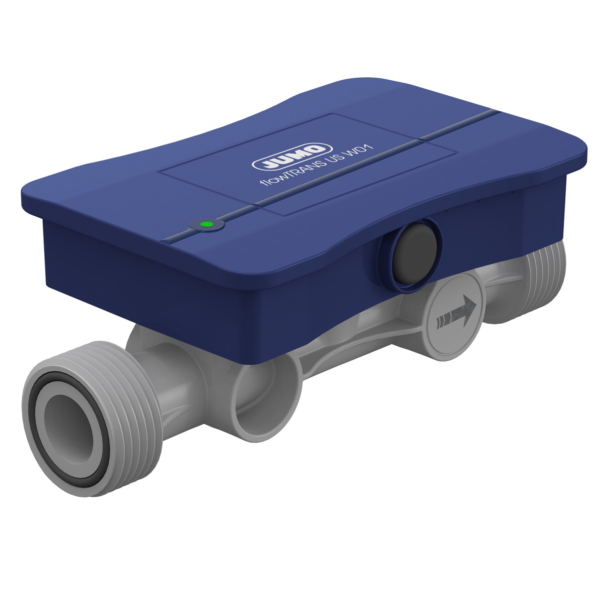 JUMO flowTRANS US W01 Ultrasonic flowmeter DN 15 (1/2 in.) JUMO flowTRANS US W01 Ultraschall-Durchflussmessgerät DN 15 Frontansicht, präzise Wasser-Durchflussmessung, wartungsarm