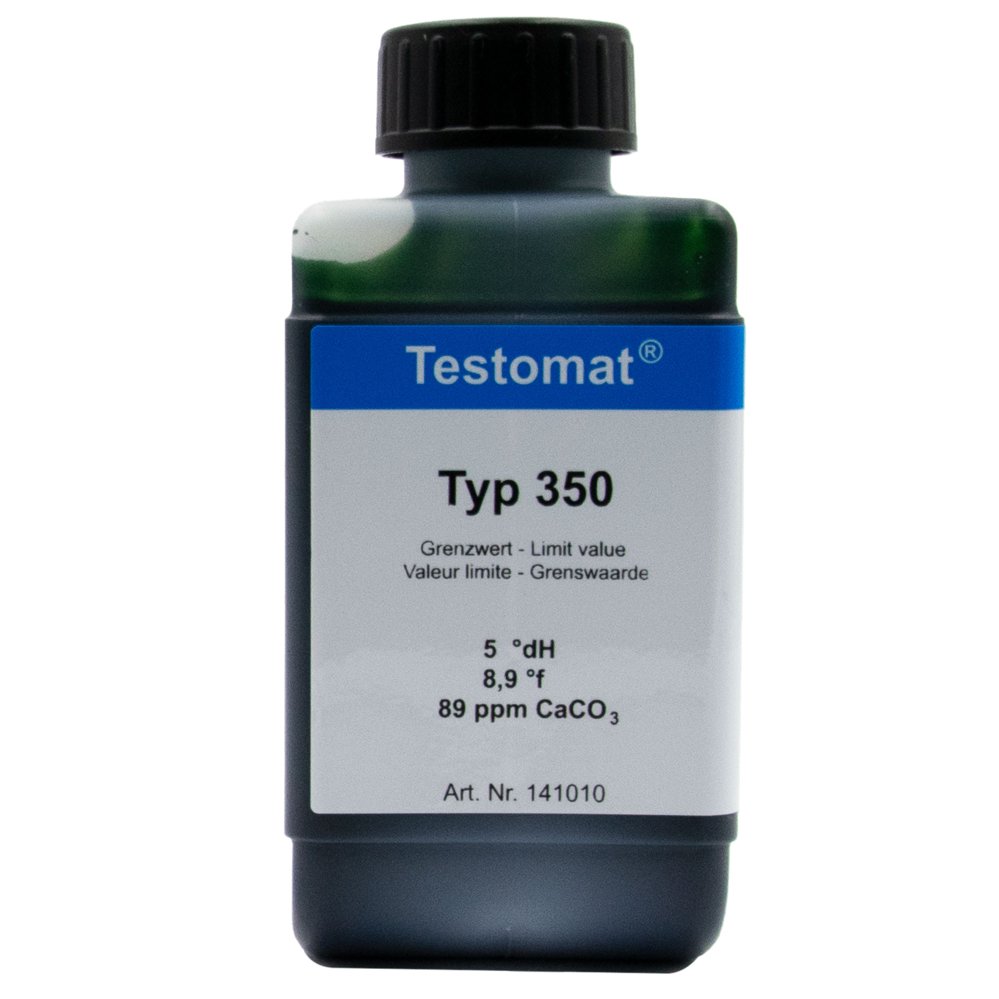 Testomat® 808 Indicator 350, front view of the 500 ml bottle, water hardness analysis