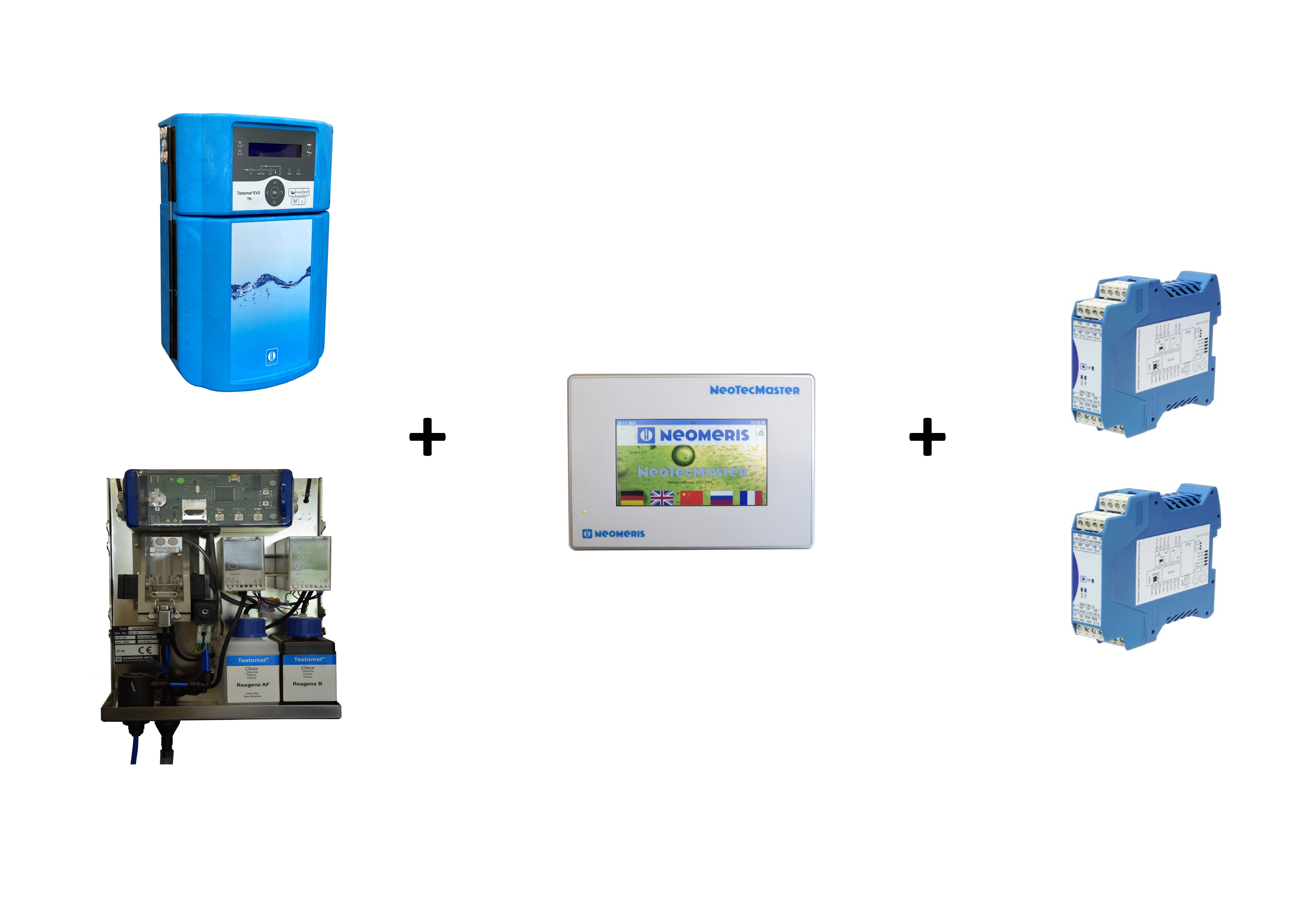 Testomat® EVO TH + LAB CL with NeoTecMaster® - value-added package Testomat EVO TH + LAB CL mit NeoTecMaster, Gesamtansicht mit Zubehör, modulare Mess- und Steuerungslösung