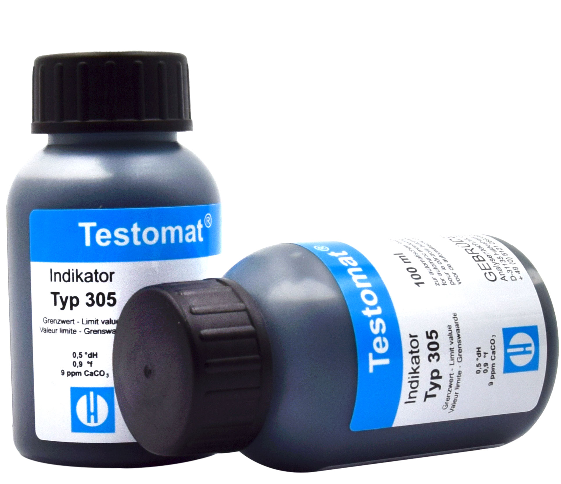 Testomat® 808 Indikator 305, Seitenansicht der 100-ml-Flaschen, kompakte Größe, Resthärte-Test