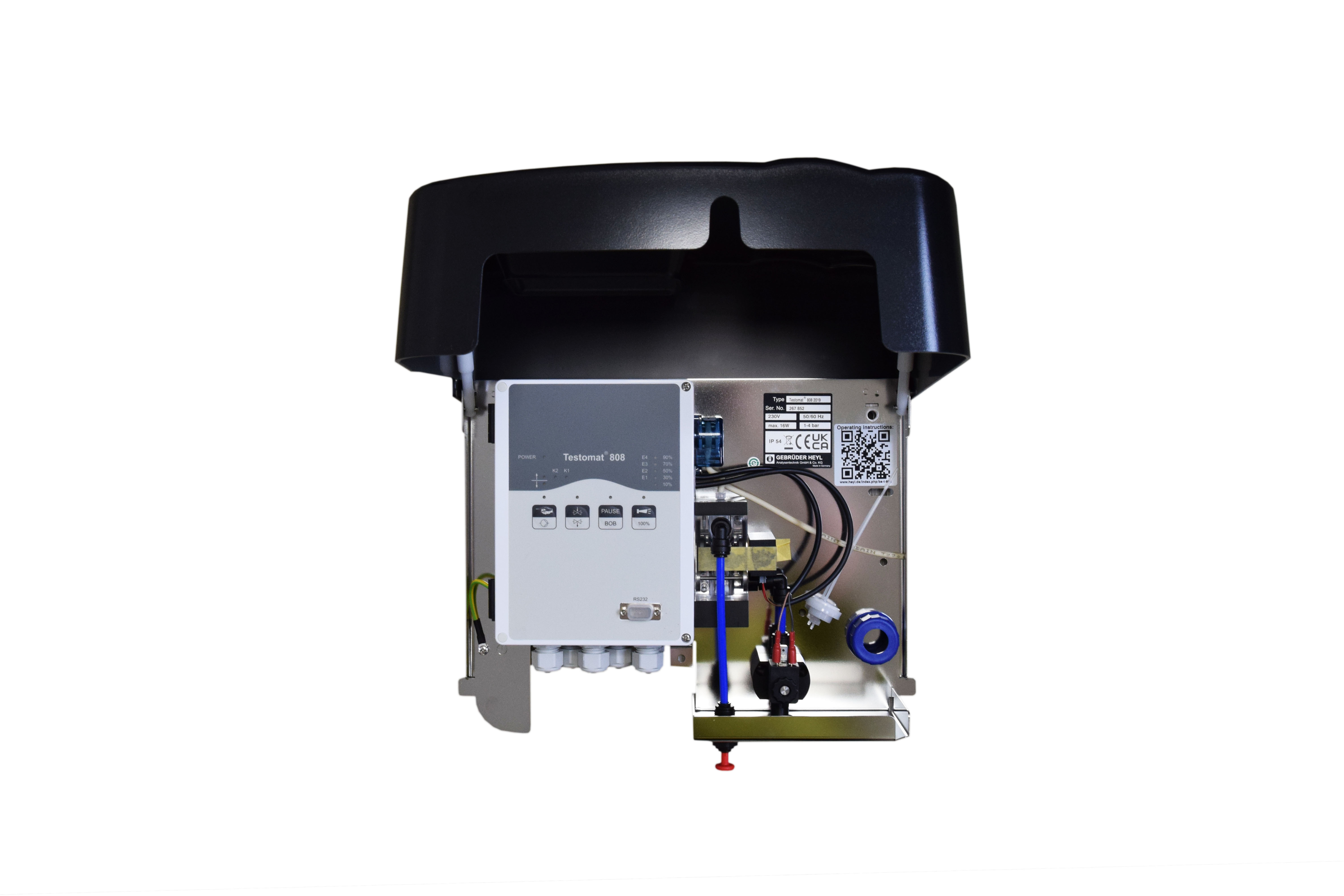 Testomat® 808, Rückansicht mit Stromanschluss, Bedienfeld und LED-Statusanzeigen, (D) 230 V/50-60 Hz 1 - 4 bar