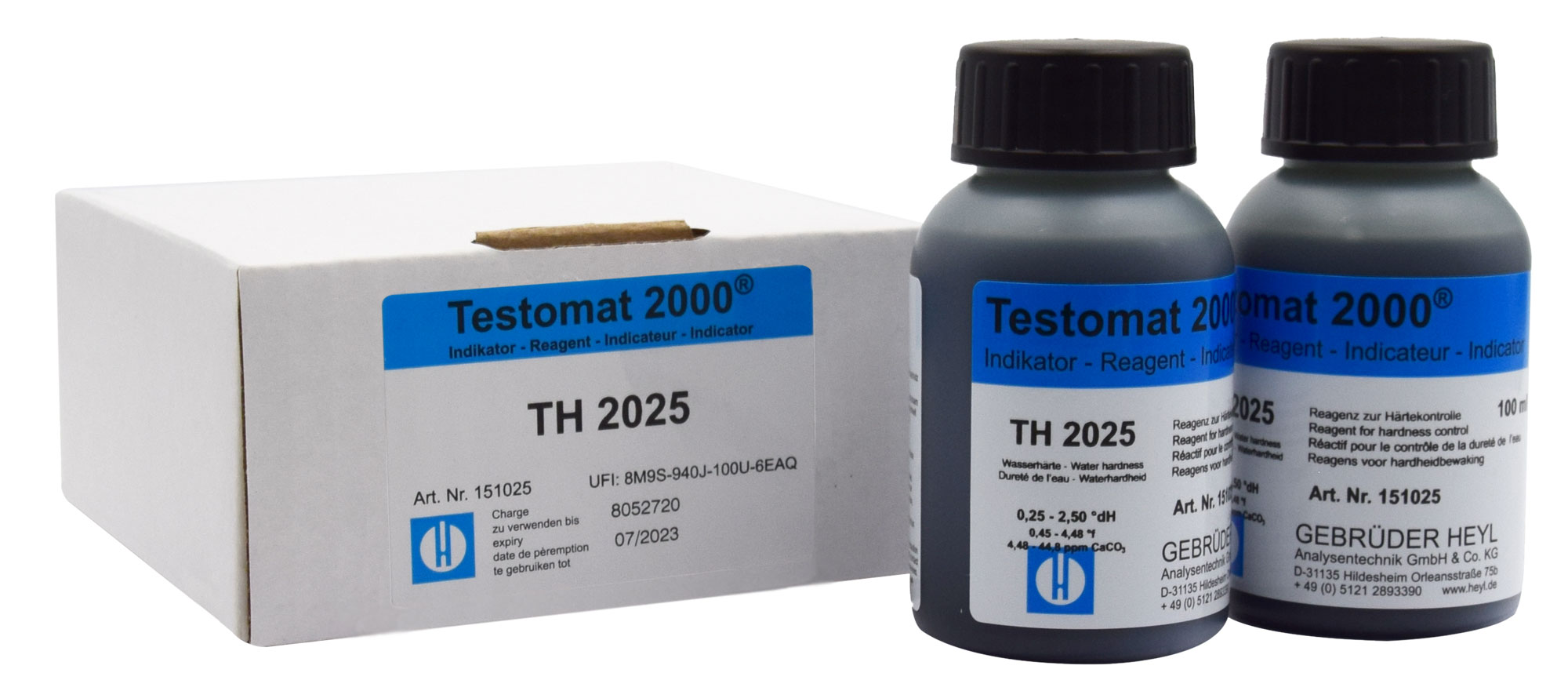 Testomat® indicator TH 2025 2x100ml Testomat® Indikator TH2025 2x100 ml Flaschenansicht leicht schräg, Wasserindikator Resthärte Messung
