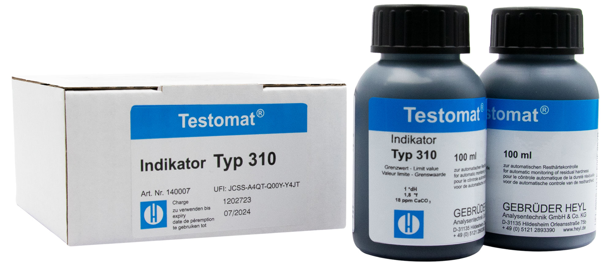 Testomat® 808 Indikator 310, Produktfoto mit Flaschen und Verpackung, Analysewasser geeignet