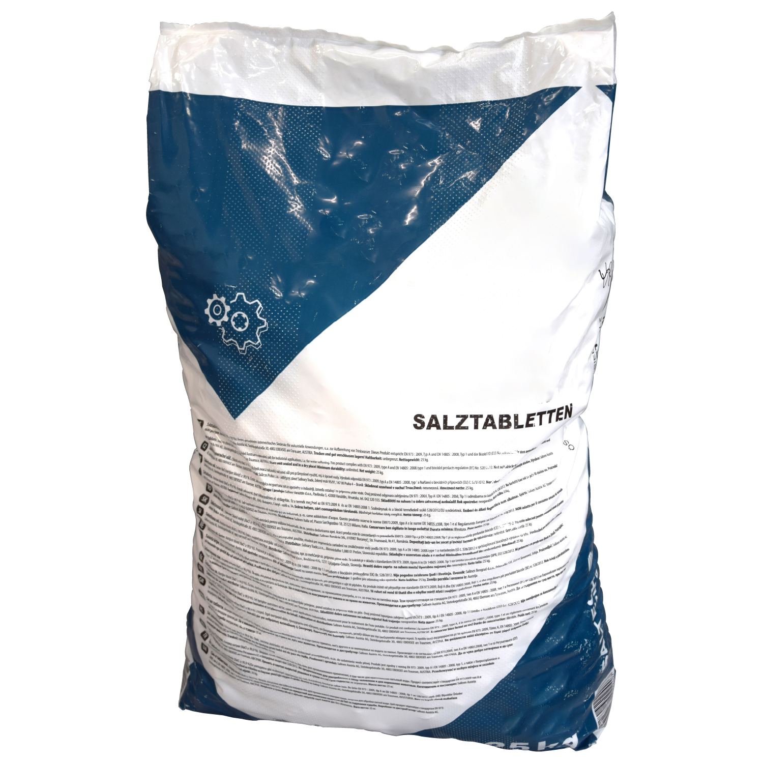 Salztabletten (25kg), EN 973 A, Seitenansicht des PE-Foliensacks, Wasserenthärtung, Zertifizierungen: ISO 9001, ISO 14001 und IFS  Sack stehend