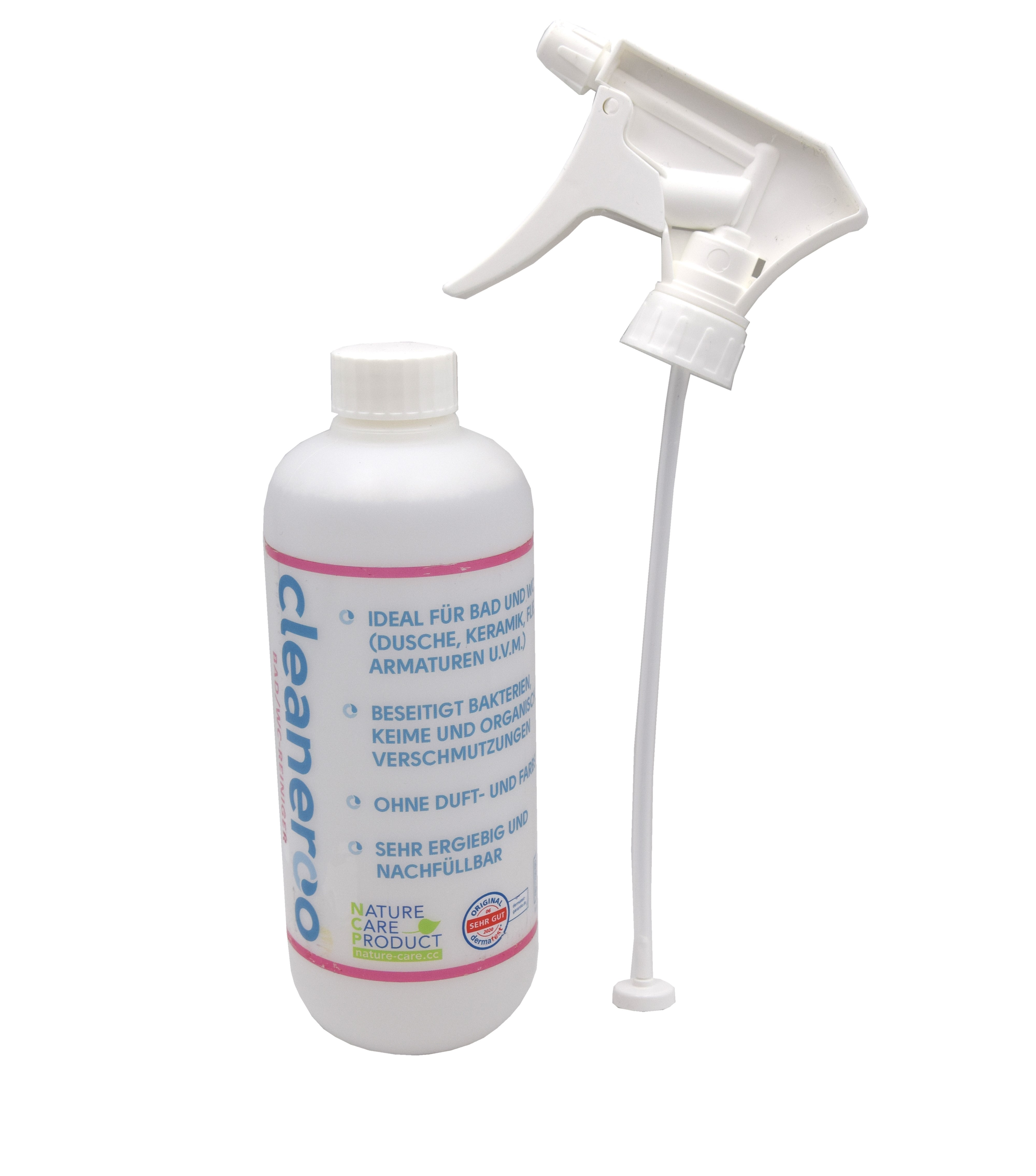 cleaneroo bathroom / WC cleaner (red) cleaneroo Bad- / WC Reiniger rot, Frontansicht der Flasche mit rotem Etikett, ungiftig und ergiebig