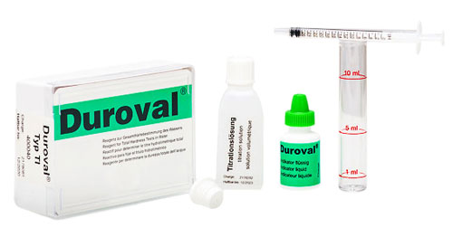 DUROVAL® TI test kit 0-30 °dH DUROVAL TI Testbesteck 0-30 °dH, Gesamtansicht mit Etikett und Zubehör, Komplettset zur Bestimmung der Wasserhärte, ideal für Wasseraufbereitungsanlagen
