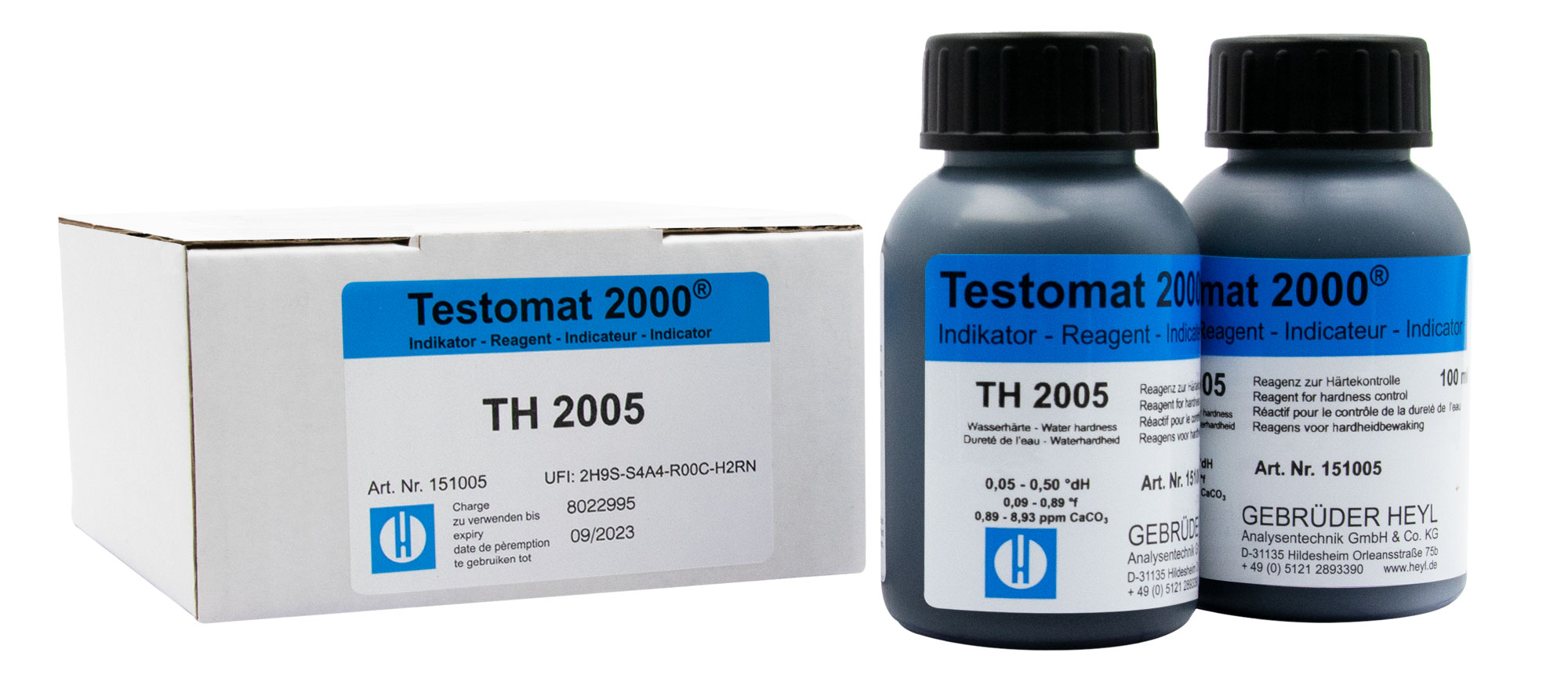 Testomat® indicator TH 2005 2x100ml Testomat® Indikator TH2005, 2 Flaschen nebeneinander, Messung Resthärte Wasser