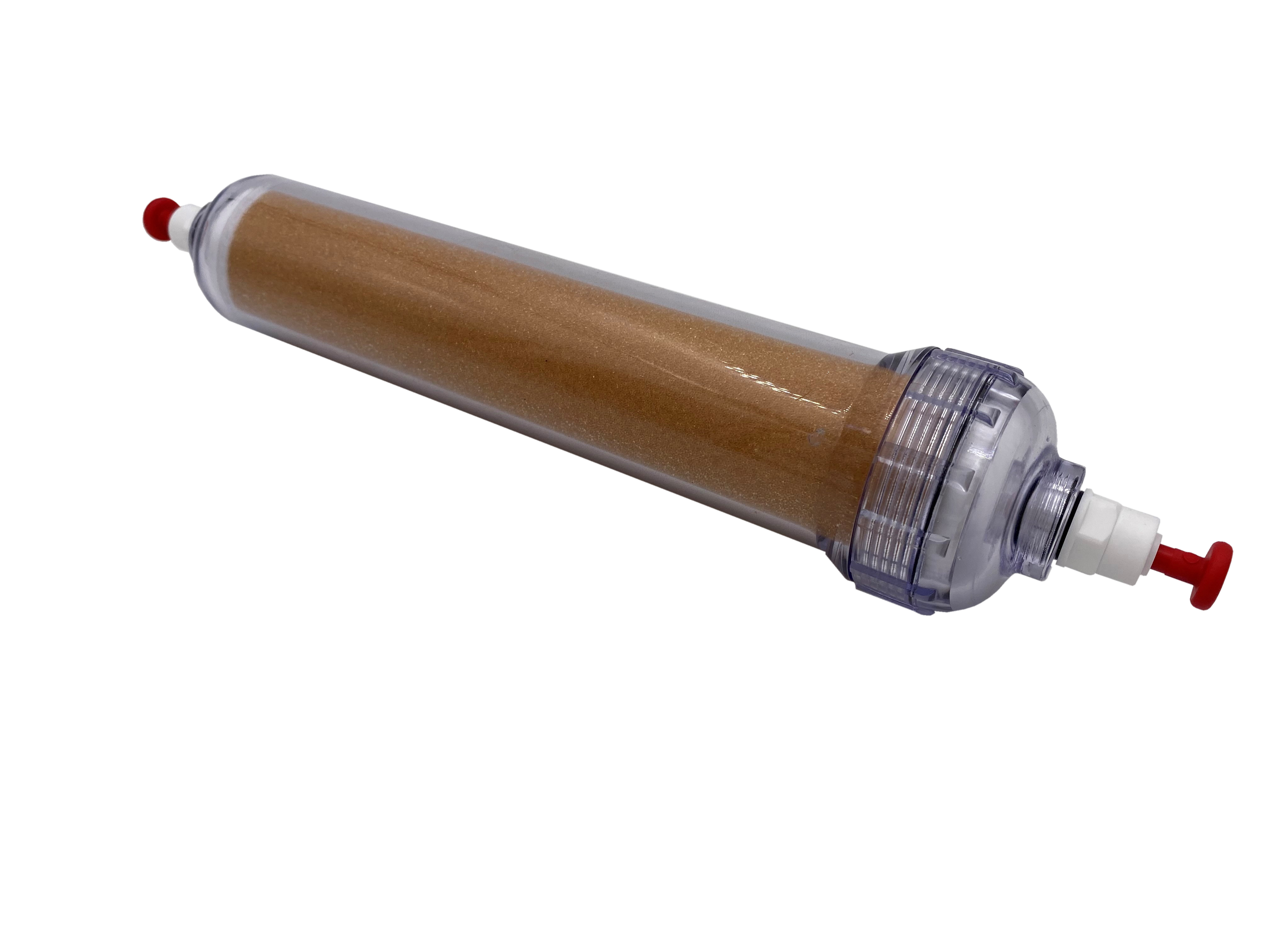 Silicate filter cartridge T808 SiO2 for changing the double pump head Silikatfilter Kartusche T808 SiO2, seitliche Ansicht Filtergehäuse mit Spezialharz, kompakte Patrone für Pumpenkopfabgleich