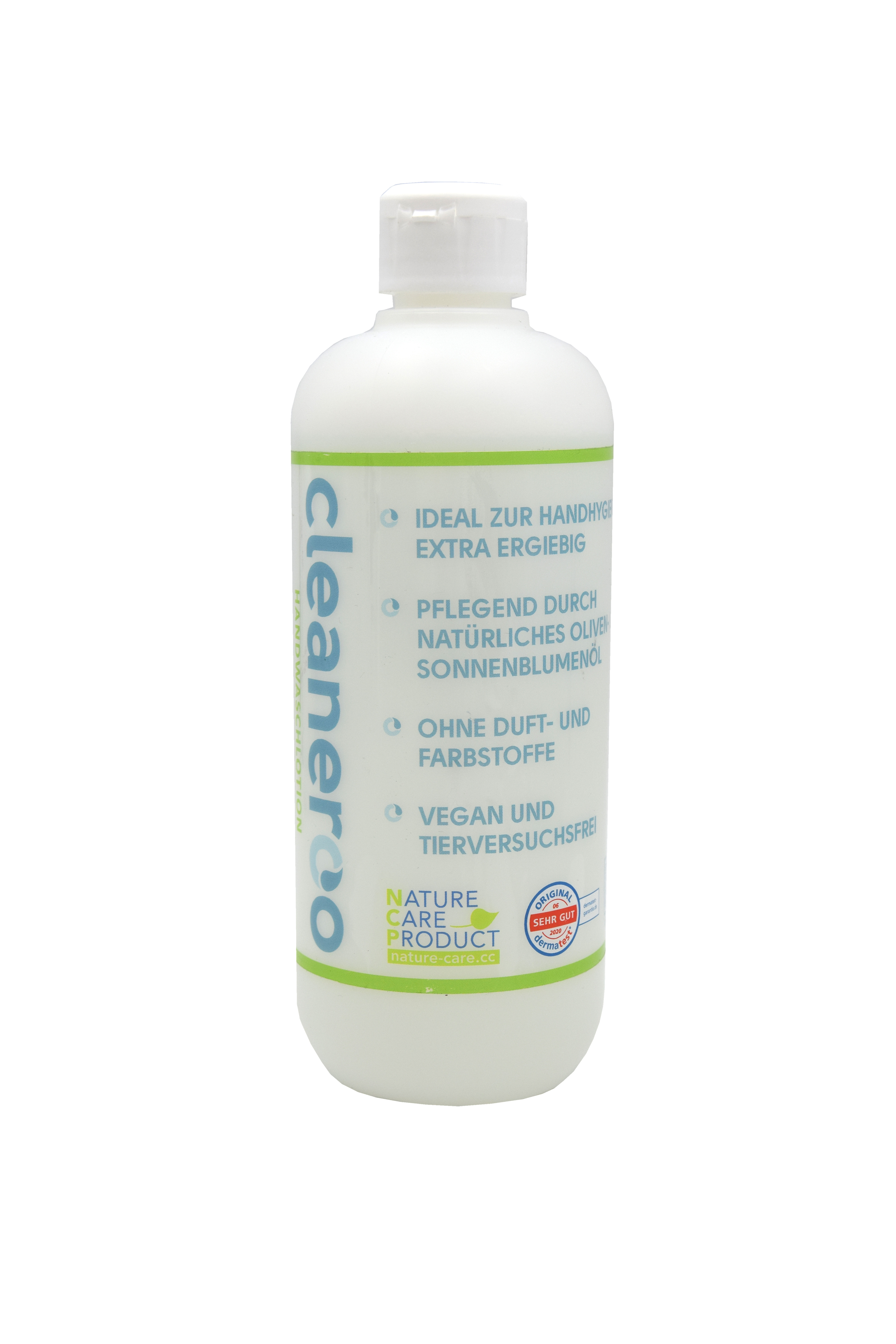 cleaneroo hand wash lotion (green) cleaneroo Handwaschlotion grün, Frontansicht, ohne Duft- und Farbstoffe, vegan, 500 ml Flasche