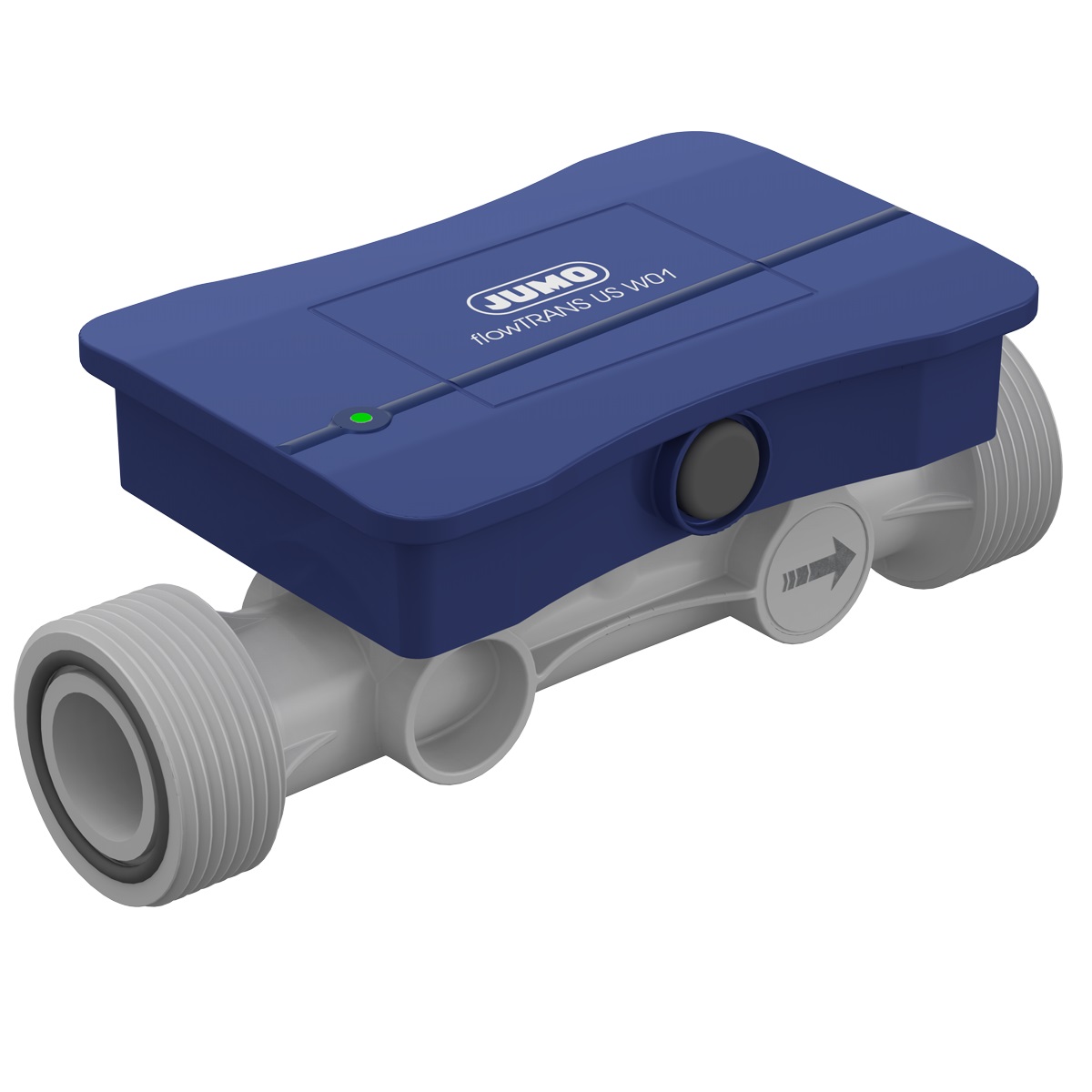JUMO flowTRANS US W01 Ultrasonic flowmeter DN 20 (3/4 in.) JUMO flowTRANS US W01 Ultraschall-Durchflussmesser DN 20, Frontansicht, integrierter Ultraschallsensor, präzise Durchflussmessung