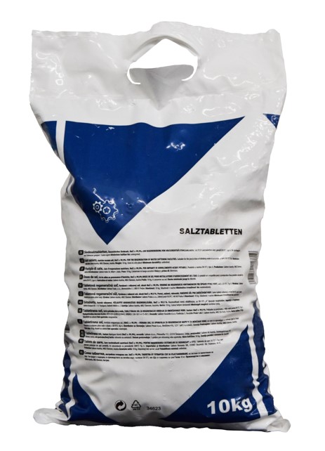Salztabletten 10 kg, Frontansicht des PE-Foliensacks, geeignet für Wasserenthärtungsanlagen