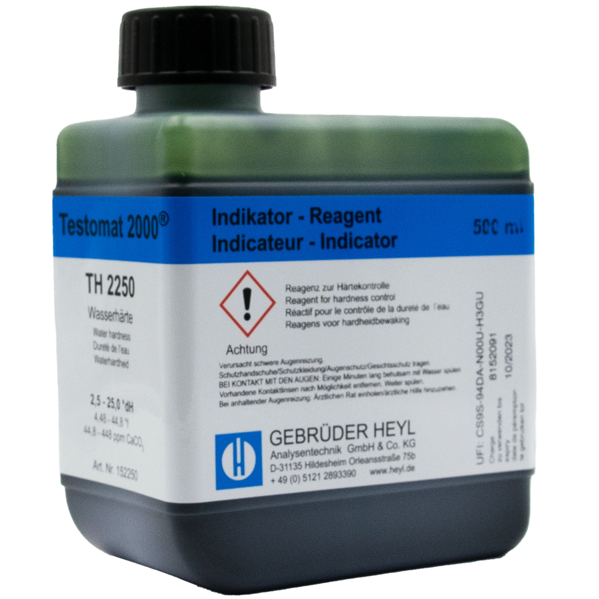 Detailansicht der 500ml Testomat® TH2250 Indikatorflasche mit Beschreibung der Resthärte-Grenzwerte