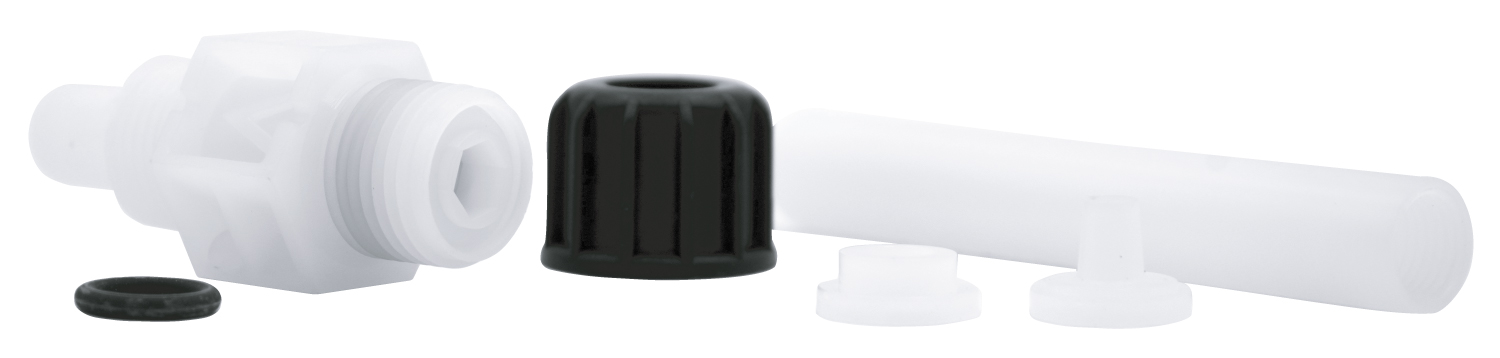 emec LOTUS MINI injection valve 1/2" emec LOTUS MINI Impfventil 1/2", Gesamtansicht des Ventils, 6x8 PVDF+FP+CE+ 10 cm Verländerungsrohr, robustes Design