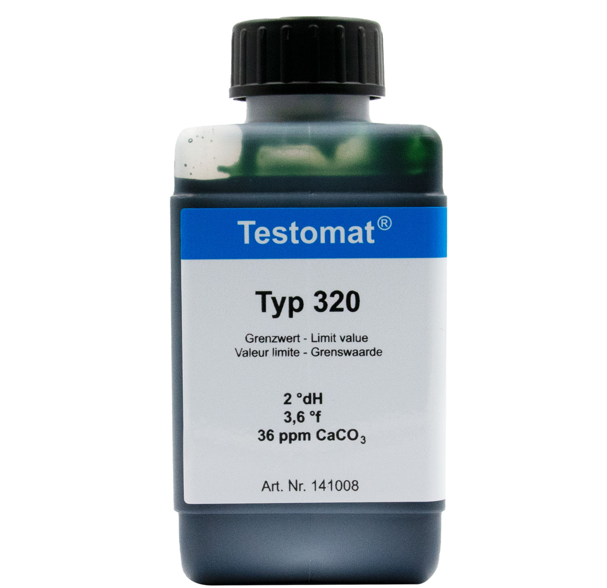 Testomat® 808 Indikator 320, Frontansicht der 500 ml Flasche, Wasserhärteanalyse