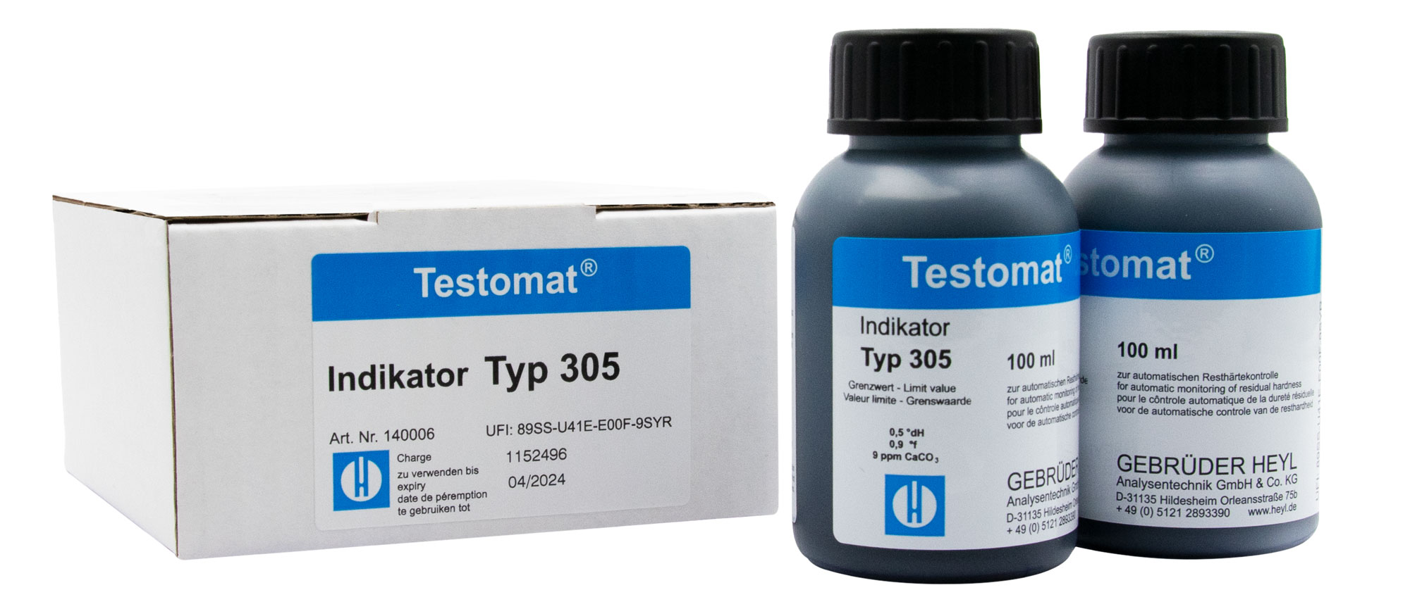 Testomat® 808 indicator 305 2 x 100 ml Testomat® 808 Indikator 305, zwei 100-ml-Flaschen nebeneinander