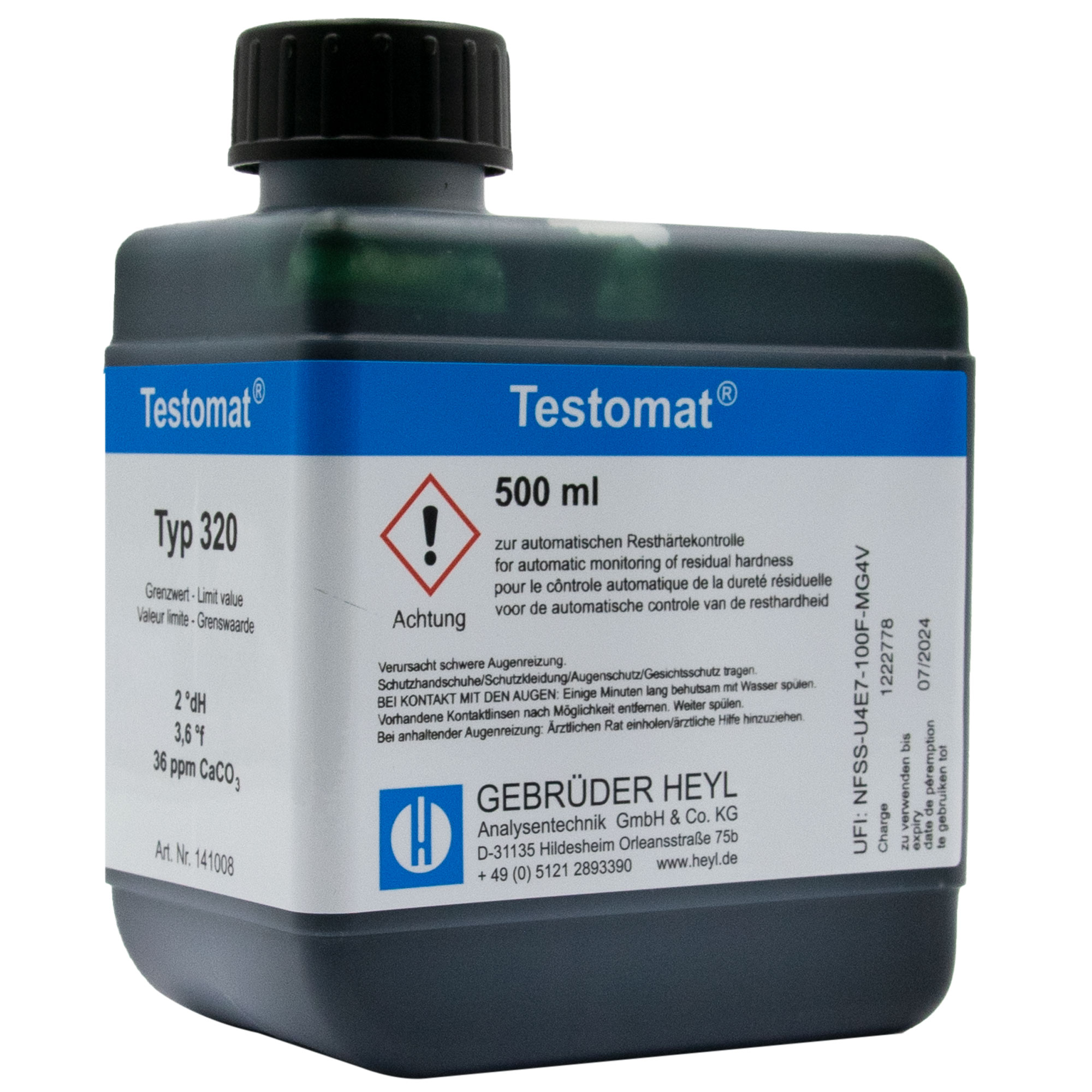 Testomat® 808 Indicator 320, 500 ml bottle with clear labelling, water analysis, side view of the bottle