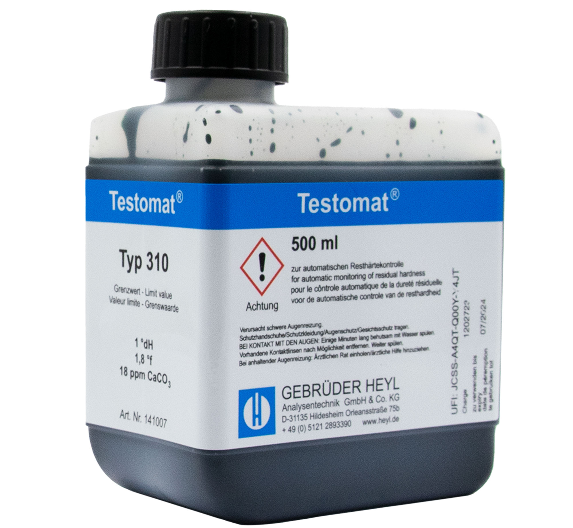 Testomat® 808 Indikator 310, 500 ml Flasche mit klarer Beschriftung, Wasseranalyse, seitliche Ansicht