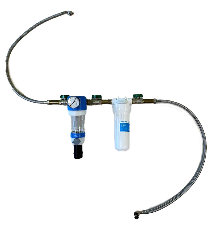 Pre-filter stage basic version for NeoPureMini under-sink system NeoPureMini Vorfilterstufe Basis, kompakte Frontansicht mit manueller Rückspülklappe und Aktivkohlefilteranschluss